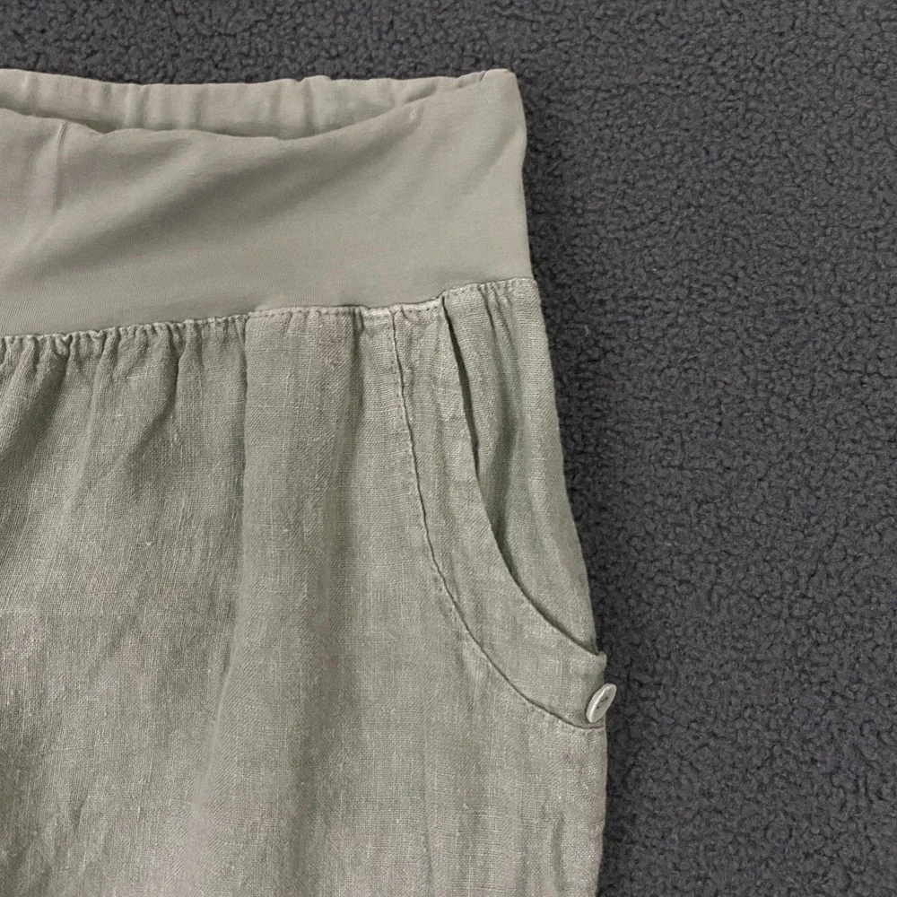 100% Linen Pants Womens 2XL Green Wide Leg Cropped Elastic Waist Lagenlook Italy